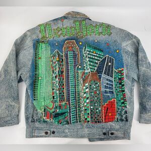 Vintage New York Hand Painted Acid Wash Denim Jacket Simonia Size Small